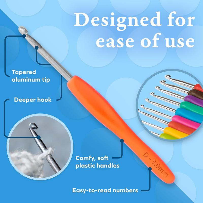 Crochet Hooks Kit - 12 Piece Set Extra-Long Crocheting Needles with Soft, Ergonomic Rubber Grips and 12 Hook Sizes - Knitting & Crochet Supplies for Beginners, Comfortable Easy to Use