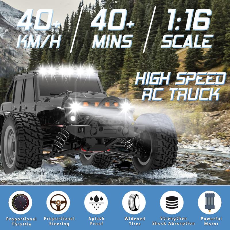 1:16 Scale All Terrain Remote Control Car, 4X4 High Speed 40 Km h RC Truck 2 Rechargeable Batteries Waterproof Monster RC Crawlers with LED Light for Kids Boys and Adults children toy rc drifting