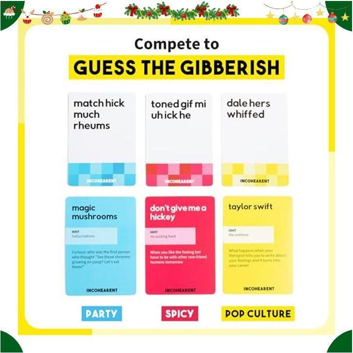 Incohearent, The Guess the Gibberish Party Game by Relatable, A Funny Card Game for Adults, Great for Bachelorette Party Games or Game Night Games, Includes 400 Cards, Instructions, and 1 Sand Timer