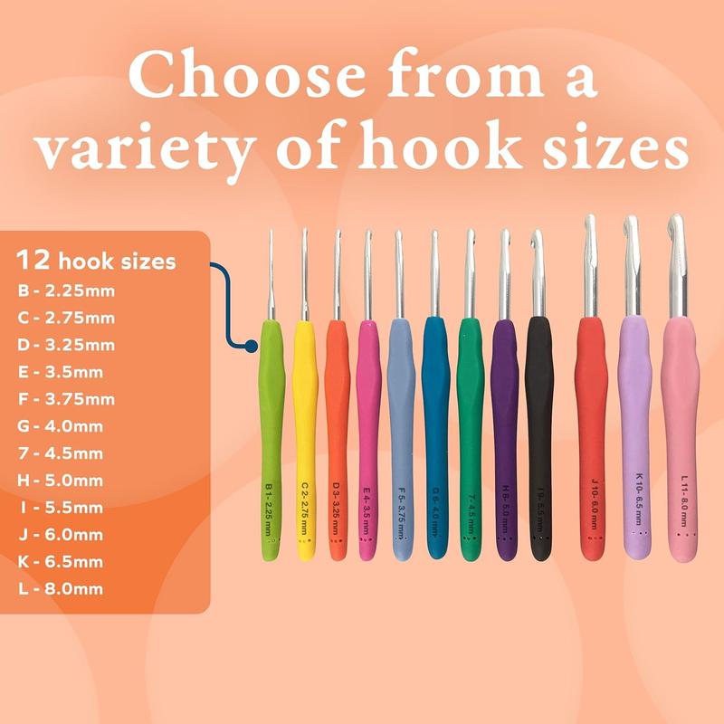 Crochet Hooks Kit - 12 Piece Set Extra-Long Crocheting Needles with Soft, Ergonomic Rubber Grips and 12 Hook Sizes - Knitting & Crochet Supplies for Beginners, Comfortable Easy to Use