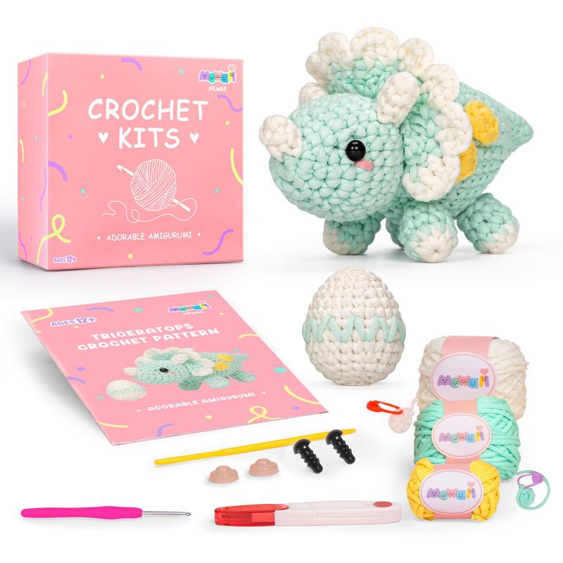 MeWaii Crochet Kit for Beginners, Complete DIY Crochet Kit Triceratops Animals with 40%+ Pre-Started Tape Yarn Step-by-Step Video Tutorials, Birthday Gifts Halloween Christmas Gift for Girls Boys