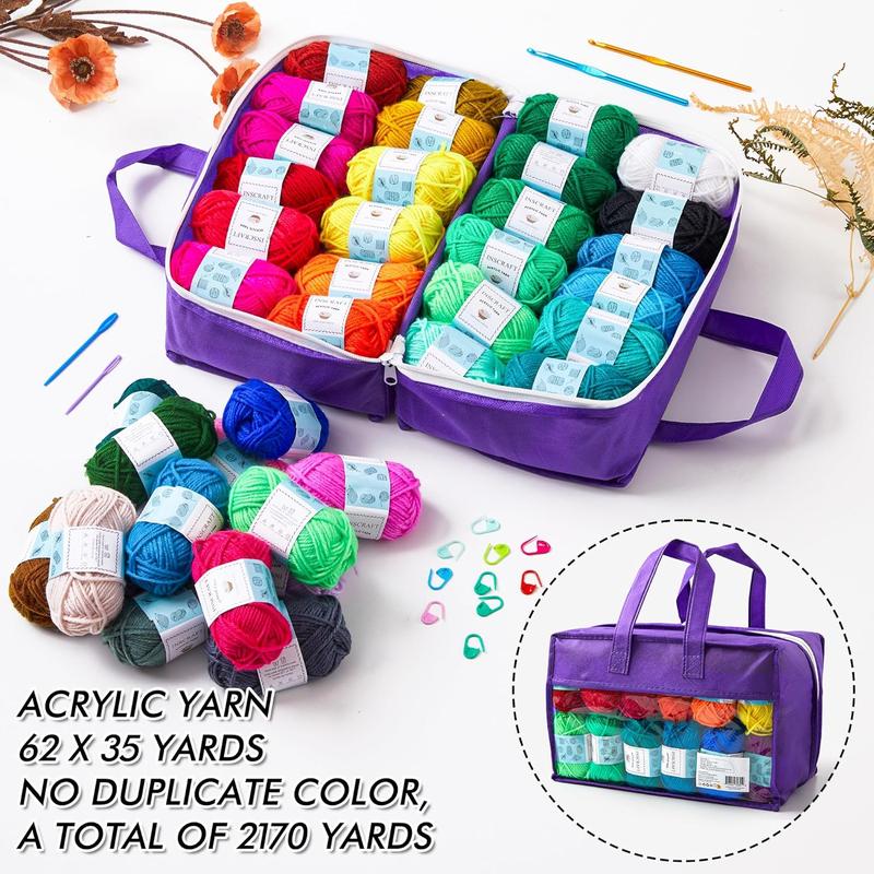 62  Yarn Skeins, 2170 Yards Yarn for Knitting Crochet, 2 Crochet Hooks, 2 Weaving ,10 Stitch Markers, 1 Purple Bag,  Crochet Beginner Kit for for Adults