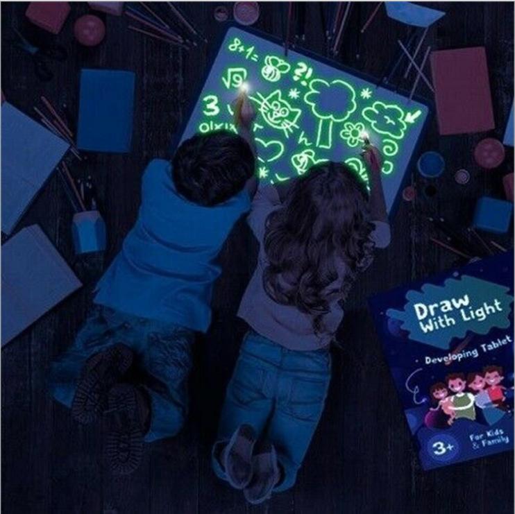 Educational Toy Drawing Pad 3D Magic 8 Light Effects Puzzle Board Sketchpad with Flashlight Marker and Template