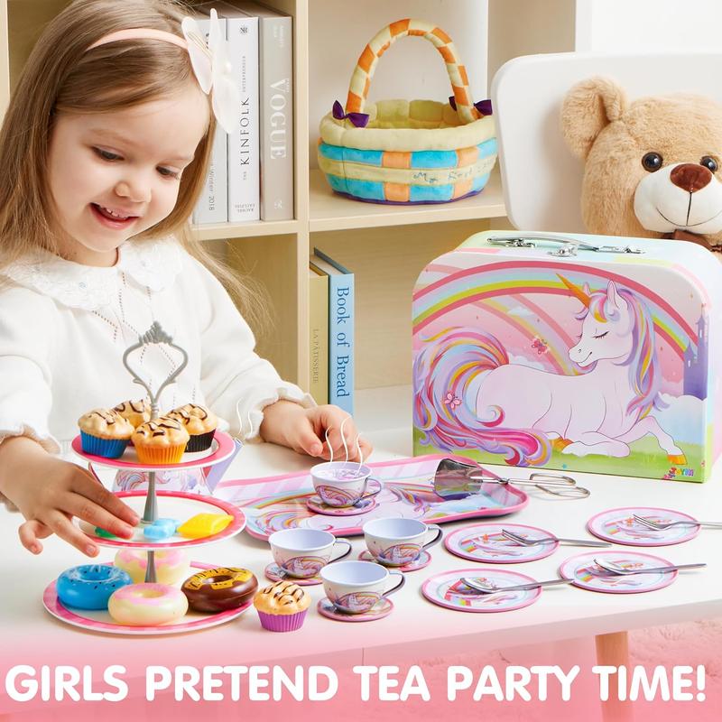 35Pcs Unicorn Tea Party Set for Little Girls, Pretend Tin Teapot Set, Princess Tea Time Play Kitchen Toy with Dessert, Doughnut, Carrying Case for Birthday Easter Gifts Kids Toddlers Age 3 4 5 6