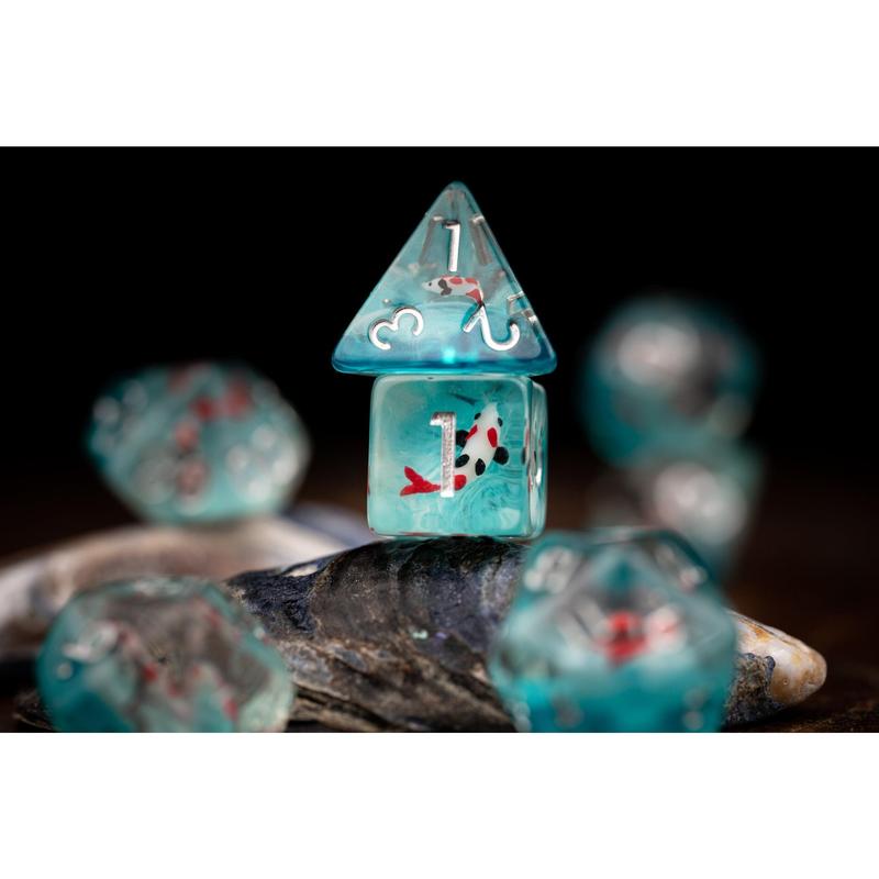 Cute Koi Fish Dice Set with Koi Pond Tray: Polyhedral DnD Dice for Ocean-Themed Games - Perfect Gift for Dungeons and Dragons Players