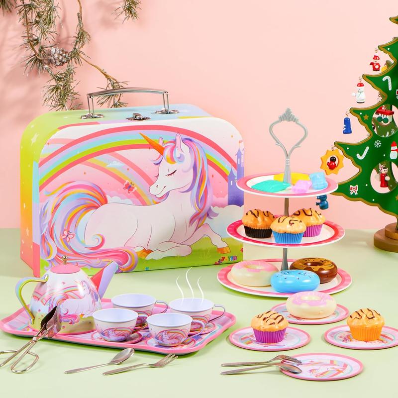 35Pcs Unicorn Tea Party Set for Little Girls, Pretend Tin Teapot Set, Princess Tea Time Play Kitchen Toy with Dessert, Doughnut, Carrying Case for Birthday Easter Gifts Kids Toddlers Age 3 4 5 6