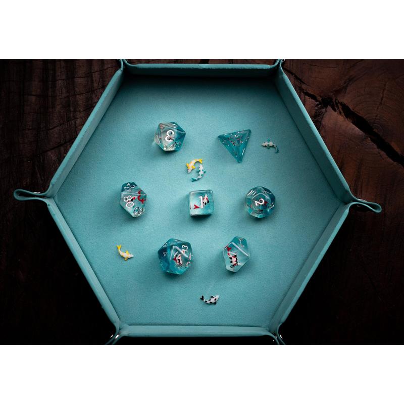 Cute Koi Fish Dice Set with Koi Pond Tray: Polyhedral DnD Dice for Ocean-Themed Games - Perfect Gift for Dungeons and Dragons Players