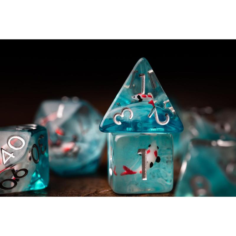 Cute Koi Fish Dice Set with Koi Pond Tray: Polyhedral DnD Dice for Ocean-Themed Games - Perfect Gift for Dungeons and Dragons Players