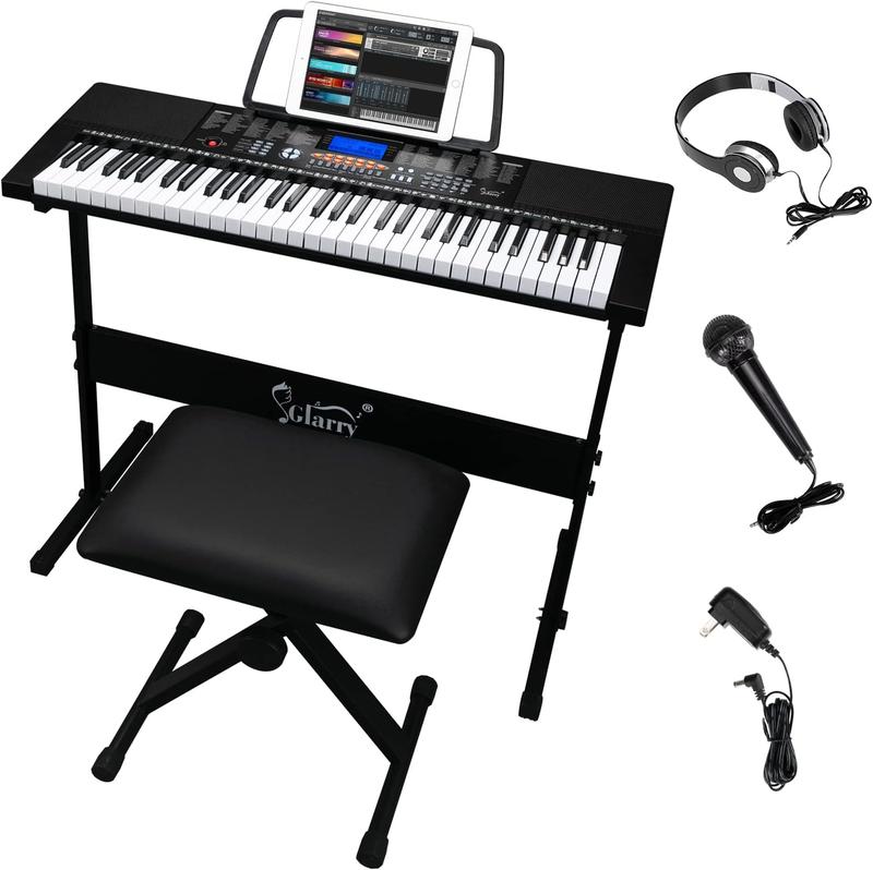 GLARRY 61-Key Portable Electronic Keyboard Piano set w LCD Screen, Stand, Microphone, Headphones, Stand, Bench, Teaching Modes, Built-In Speakers