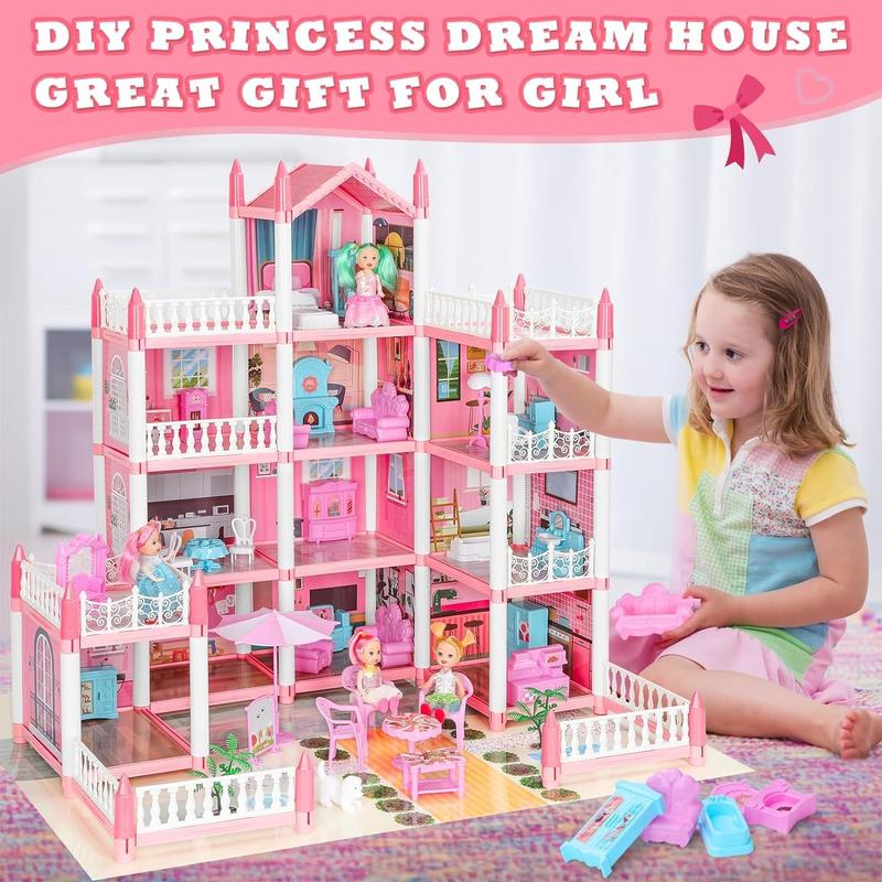 Doll House, Dream Dollhouse for Girls Pretend-Play DIY Dollhouse Kit - 4-Story 11 Rooms Playhouse with 4 Dolls Toy Figures, Furniture and Accessories Set Gift Toy for Kids Ages 3 4 5 6 7 8+