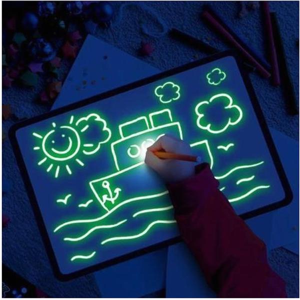 Educational Toy Drawing Pad 3D Magic 8 Light Effects Puzzle Board Sketchpad with Flashlight Marker and Template