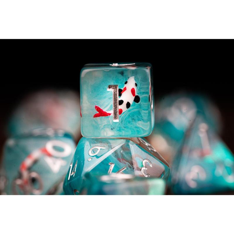 Cute Koi Fish Dice Set with Koi Pond Tray: Polyhedral DnD Dice for Ocean-Themed Games - Perfect Gift for Dungeons and Dragons Players