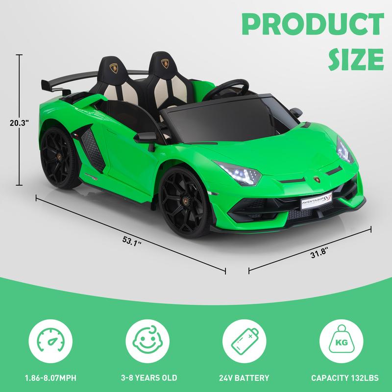 24V Extra Large Kids Ride On, 4 Wheel Electric Car, Battery Powered Drift Car with Double PU Seats, Remote Control, High-Low Speed, LED Lights, MP3, USB, Toy Gift for 3-8 Years Olds, Green