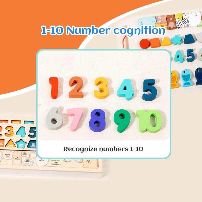 4 in 1 Wooden Puzzle Board, Shape & Number Matching Puzzle Game, Animal Puzzle Board, Educational Toy for Gift