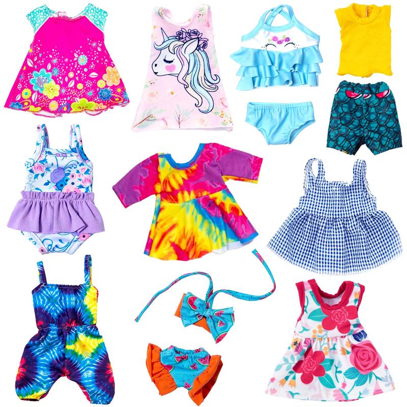 10 sets of baby doll clothes and accessories for a 12 inch baby girl doll, the set includes dresses, t-shirts, pants, jumpsuits, swimwear(No Doll)