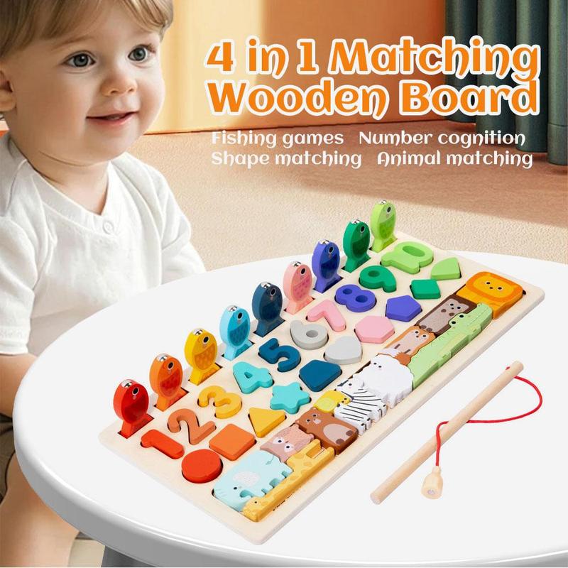 4 in 1 Wooden Puzzle Board, Shape & Number Matching Puzzle Game, Animal Puzzle Board, Educational Toy for Gift