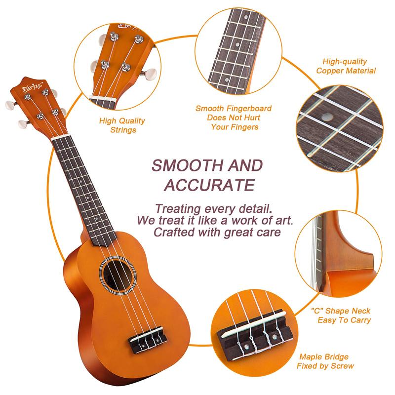 Everjoys Soprano Ukulele Beginner Pack-21 Inch w Free Online Lesson Gig Bag Fast Learn Songbook Digital Tuner Pick All in One Kit