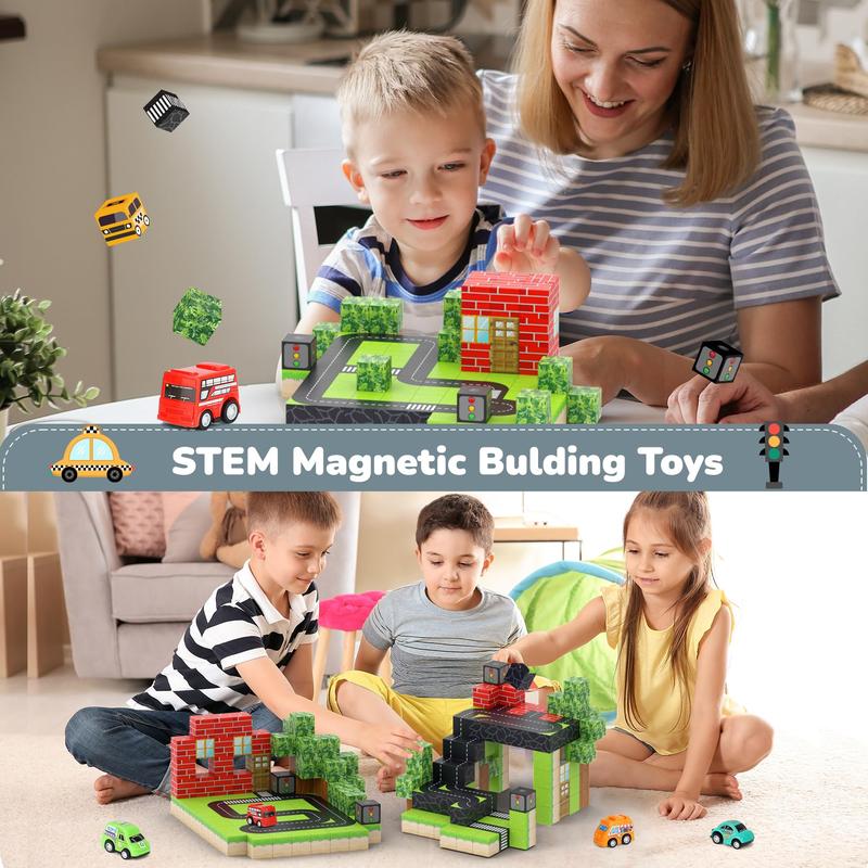  Magnetic Blocks-100PCS Magnetic Building Blocks Magnetic Tiles Stacking, Build-Magnet-World Set, STEM Montessori Sensory Toy smagnet blocks（110 City & Car）