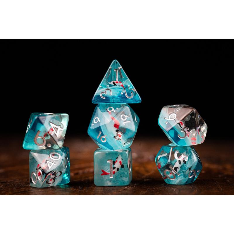 Cute Koi Fish Dice Set with Koi Pond Tray: Polyhedral DnD Dice for Ocean-Themed Games - Perfect Gift for Dungeons and Dragons Players