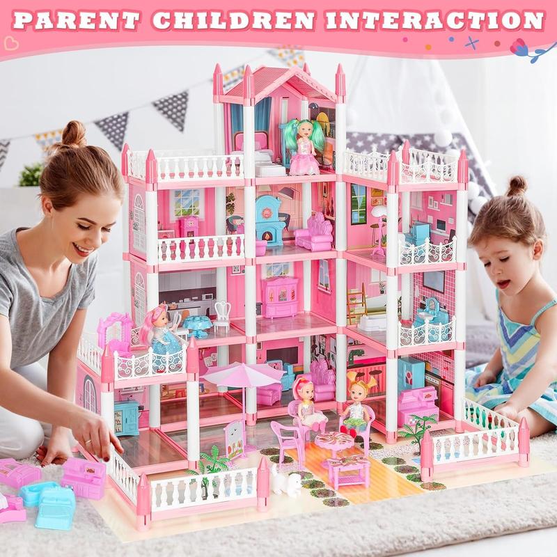 Doll House, Dream Dollhouse for Girls Pretend-Play DIY Dollhouse Kit - 4-Story 11 Rooms Playhouse with 4 Dolls Toy Figures, Furniture and Accessories Set Gift Toy for Kids Ages 3 4 5 6 7 8+