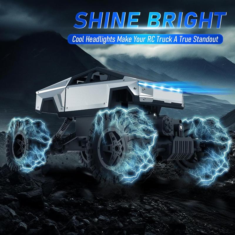 RC Truck, 1:14 Scale Big Cybertruck Model 4WD with Alloy Shell Dual Motors LED Headlight Remote Control Truck Off Road RC Car, 2.4GHz All Terrain Rock Crawler for Boy Kids Adults remote  control