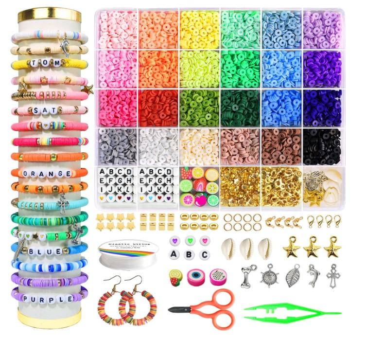 Clay Beads Bracelet Making Kit, Friendship Preppy Flat Polymer Heishi Beads Jewelry Kits with Charms, Gifts for Girls