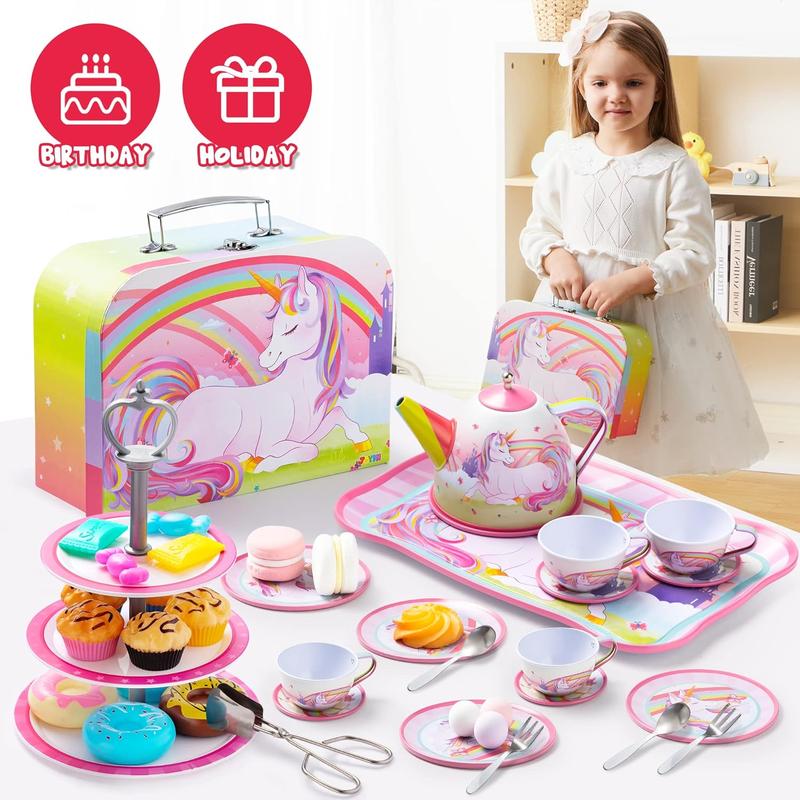 35Pcs Unicorn Tea Party Set for Little Girls, Pretend Tin Teapot Set, Princess Tea Time Play Kitchen Toy with Dessert, Doughnut, Carrying Case for Birthday Easter Gifts Kids Toddlers Age 3 4 5 6