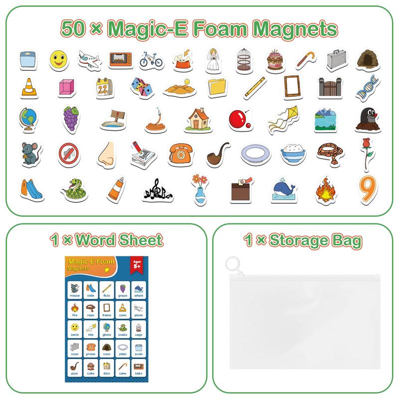 Magic E Word Games, Phonics Games, 50 Magnetic Objects, Fridge Magnets, Learn to Read Spelling Reading Learning for Classroom letter magnets