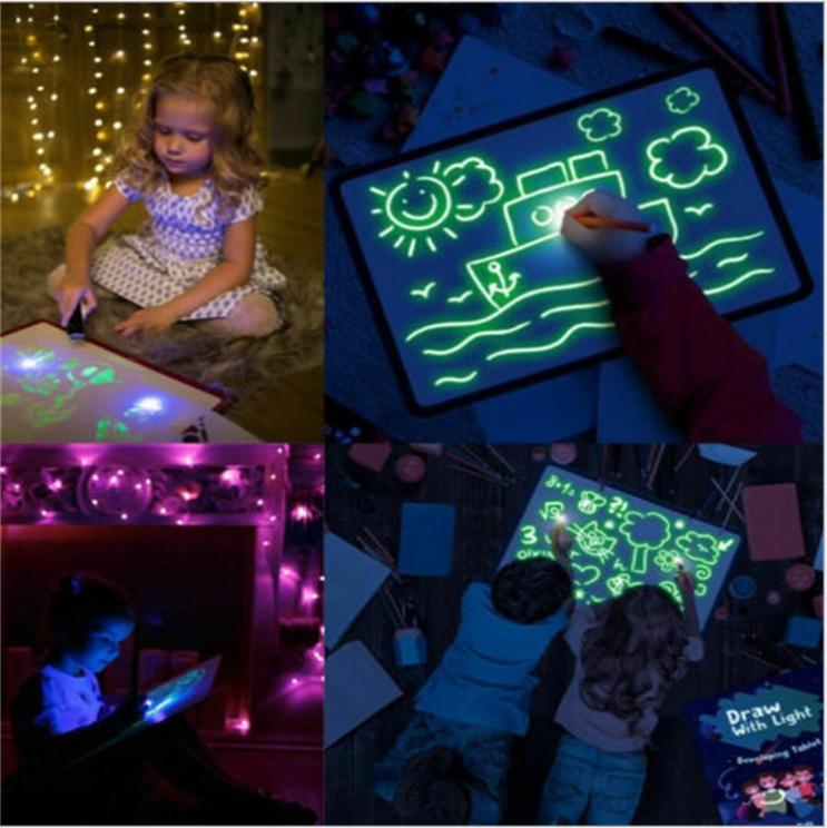 Educational Toy Drawing Pad 3D Magic 8 Light Effects Puzzle Board Sketchpad with Flashlight Marker and Template