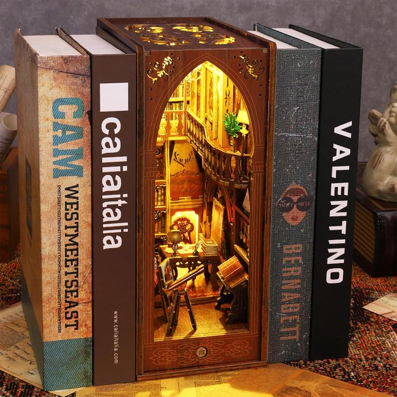 DIY Book Nook Kit, 3D Wooden Puzzle DIY Miniature House Kit for Book Nook Shelf Insert Decoration, Magic Book House Stand Bookshelf Dollhouse for Adults with Sensor Light (Library of Books)