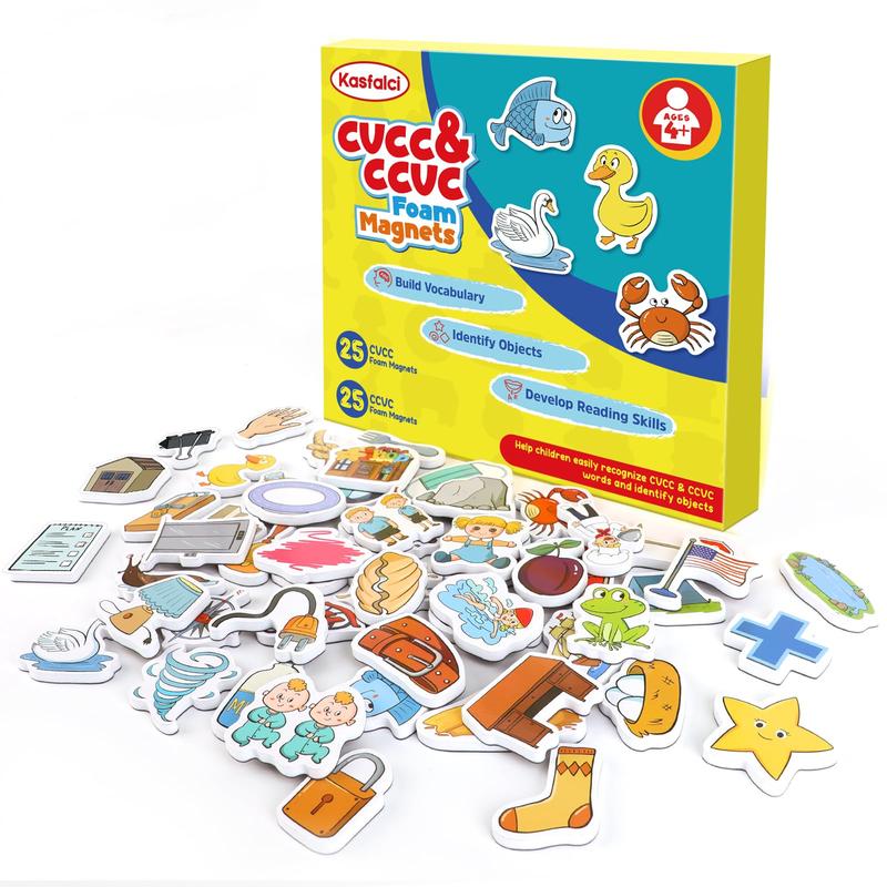 CVCC & CCVC Word Games, 50 Magnetic Objects Fridge Magnets, Phonics Learning Toys, Learn to Read Spelling Reading Phonics Fridge Magnets toys