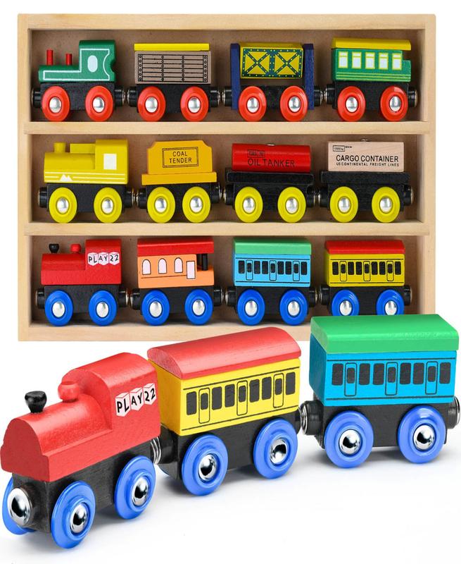 Wooden Train Set 12 PCS - Train Toys Magnetic Set Includes 3 Engines - Toy Train Sets For Kids Toddler Boys And Girls - Compatible With All Major Brands Play22