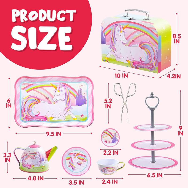 35Pcs Unicorn Tea Party Set for Little Girls, Pretend Tin Teapot Set, Princess Tea Time Play Kitchen Toy with Dessert, Doughnut, Carrying Case for Birthday Easter Gifts Kids Toddlers Age 3 4 5 6