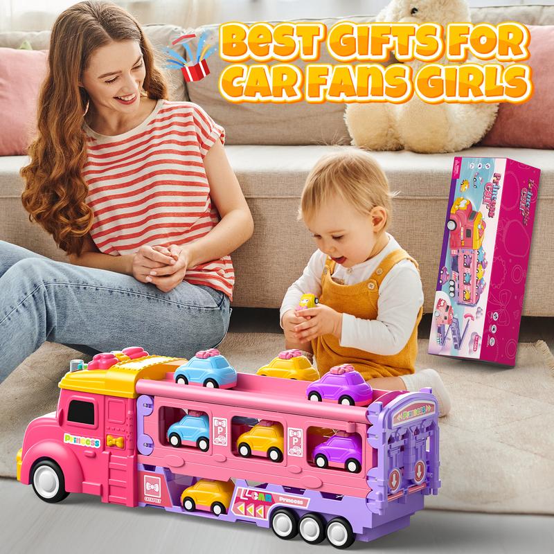 Toddler Toys for 2 3 4 5 Years Old Girls, 7-in-1 Foldable Ejection Trucks for Toddlers 2-4 Years, Toys for 4 Year Old Girls with Light & Music, Birthday Gift for 2 3 4 5 Year Old Girl