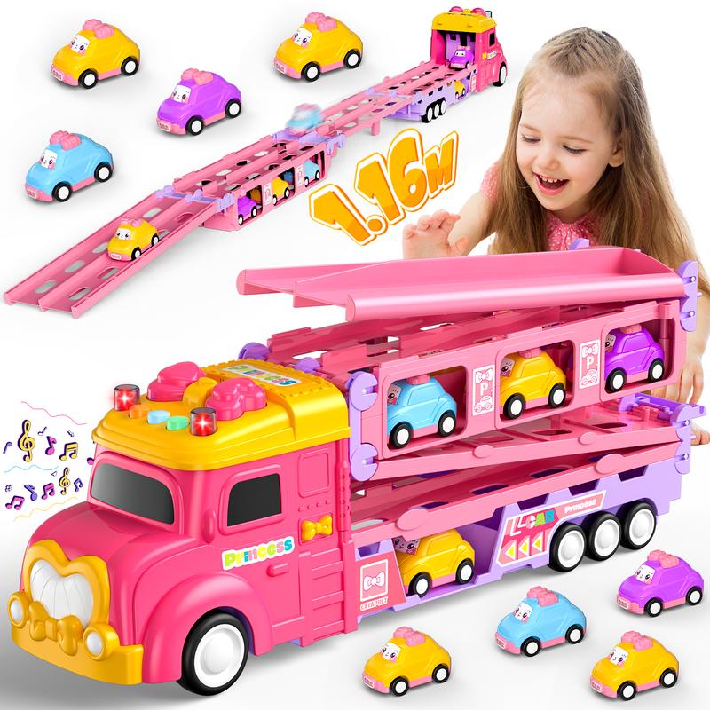 Toddler Toys for 2 3 4 5 Years Old Girls, 7-in-1 Foldable Ejection Trucks for Toddlers 2-4 Years, Toys for 4 Year Old Girls with Light & Music, Birthday Gift for 2 3 4 5 Year Old Girl