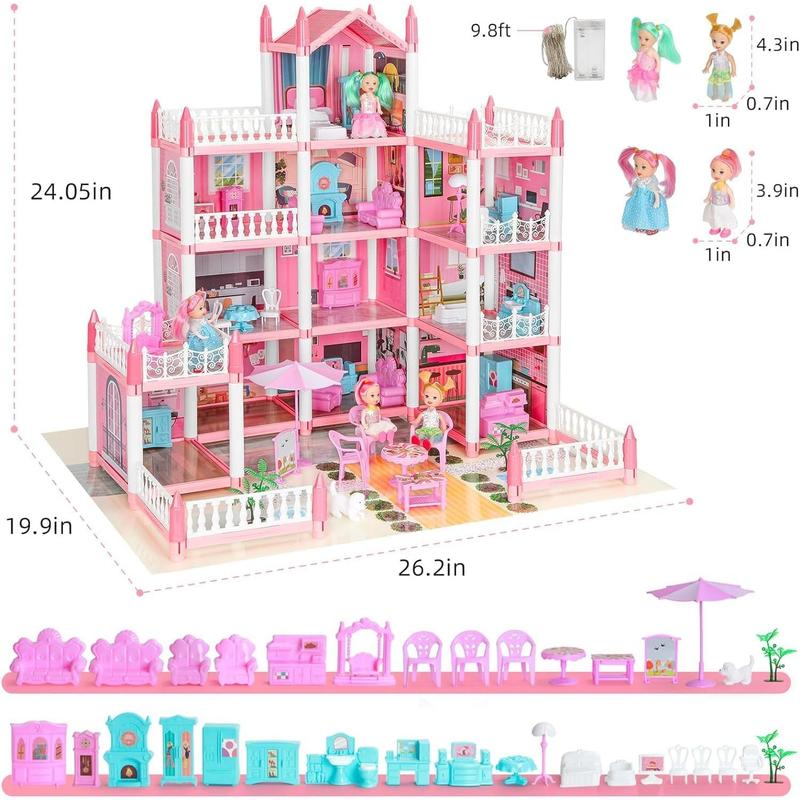 Doll House, Dream Dollhouse for Girls Pretend-Play DIY Dollhouse Kit - 4-Story 11 Rooms Playhouse with 4 Dolls Toy Figures, Furniture and Accessories Set Gift Toy for Kids Ages 3 4 5 6 7 8+