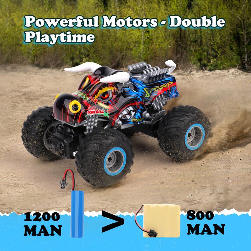 RC Monster Trucks for Boys Age 4-7 8-12 Year Old - RC Bull Car Toys for Kids, Ideas Christmas and Birthday Gifts, 2.4 GHz Multi-Terrain Off-Road Car with Music Lights Spray