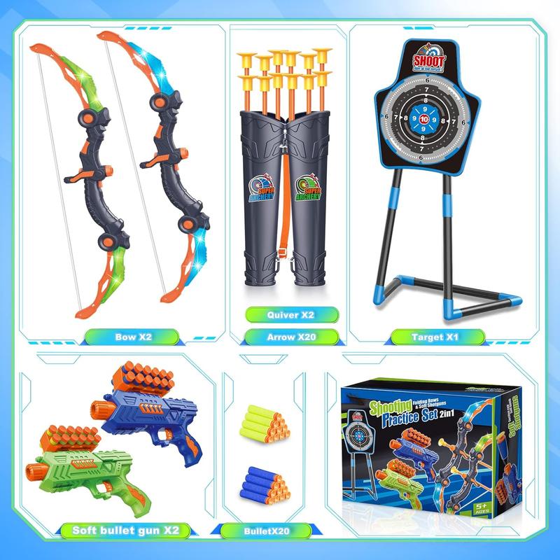 2 Bow and Arrow Sets with LED Light-up,2 Foam Dart Guns for Kids 5 6 7 8 9 10+ Years Old, Archery Set with Standing Target for Boys & Girl, Ideal Gift