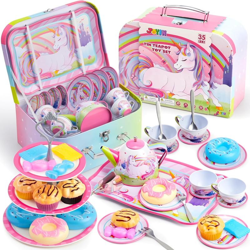 35Pcs Unicorn Tea Party Set for Little Girls, Pretend Tin Teapot Set, Princess Tea Time Play Kitchen Toy with Dessert, Doughnut, Carrying Case for Birthday Easter Gifts Kids Toddlers Age 3 4 5 6