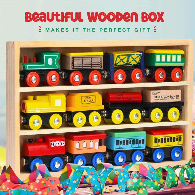 Wooden Train Set 12 PCS - Train Toys Magnetic Set Includes 3 Engines - Toy Train Sets For Kids Toddler Boys And Girls - Compatible With All Major Brands Play22