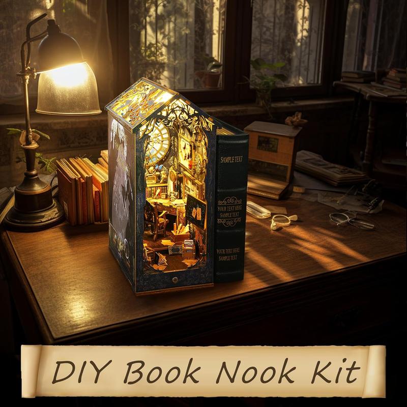 Book Nook Kit,  DIY Miniature 3D Puzzle Wooden Bookends Dollhouse with LED Lights for Bookshelf Decor, Tiny Miniverse Model House Art Craft for Adults Gril Halloween Christmas Decoration Gift