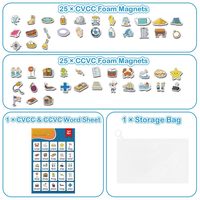 CVCC & CCVC Word Games, 50 Magnetic Objects Fridge Magnets, Phonics Learning Toys, Learn to Read Spelling Reading Phonics Fridge Magnets toys