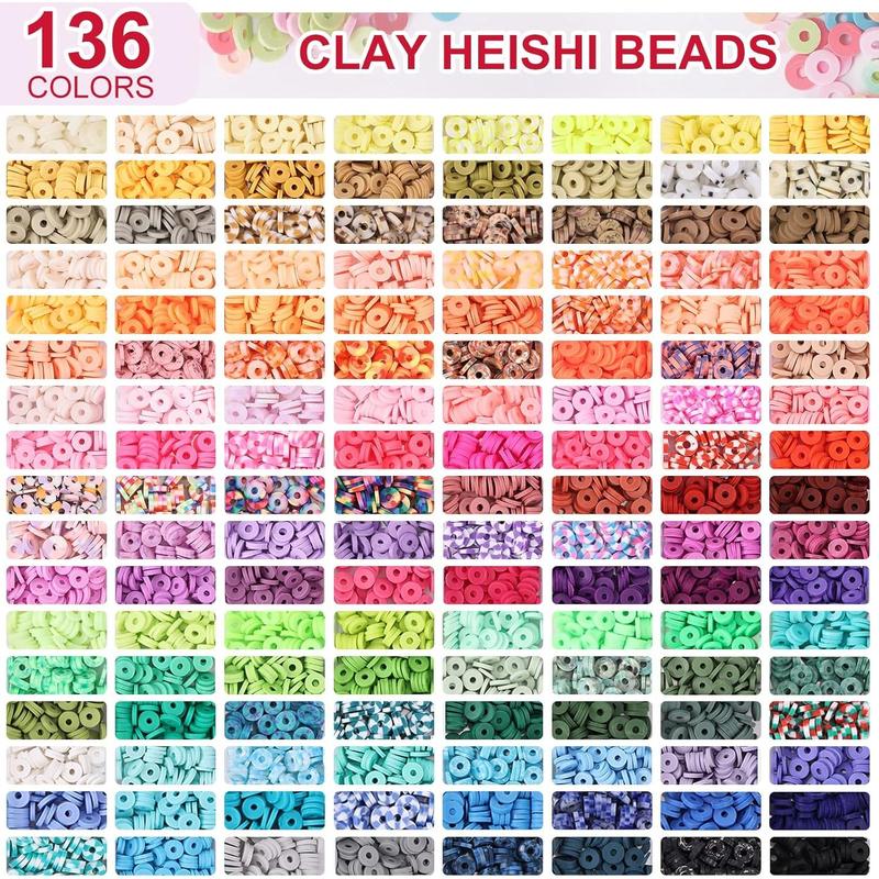 14000 PCS 136 Colors Clay Beads Bracelet Making Kit 6 Boxes Friendship Bracelet Kit Flat Polymer Clay Beads Spacer Heishi Beads for Jewelry Making with Pendant Charms Kit for Girls Ages 6-12