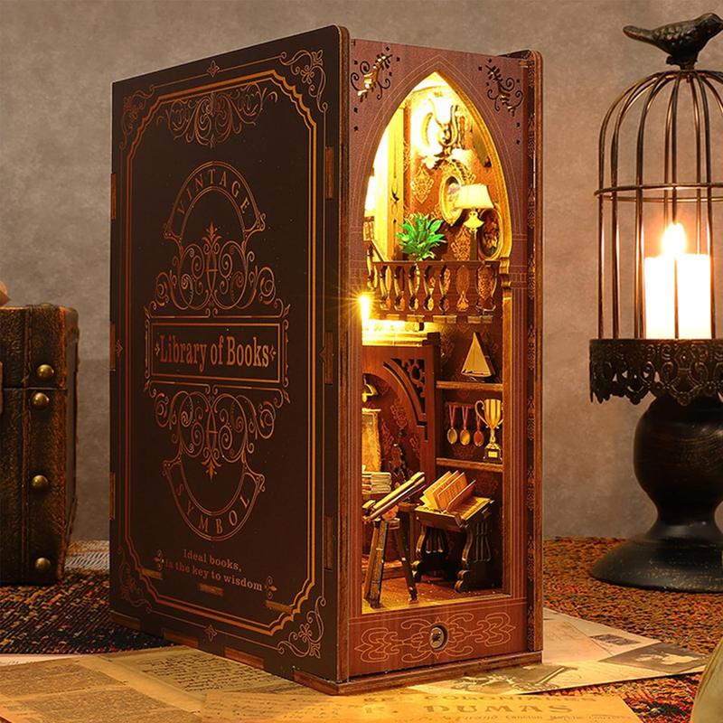 DIY Book Nook Kit, 3D Wooden Puzzle DIY Miniature House Kit for Book Nook Shelf Insert Decoration, Magic Book House Stand Bookshelf Dollhouse for Adults with Sensor Light (Library of Books)