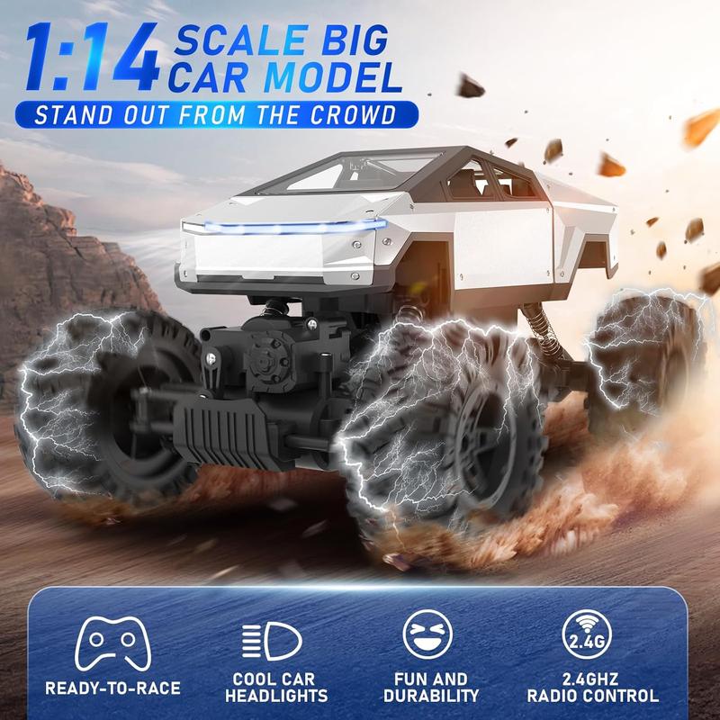 RC Truck, 1:14 Scale Big Cybertruck Model 4WD with Alloy Shell Dual Motors LED Headlight Remote Control Truck Off Road RC Car, 2.4GHz All Terrain Rock Crawler for Boy Kids Adults remote  control