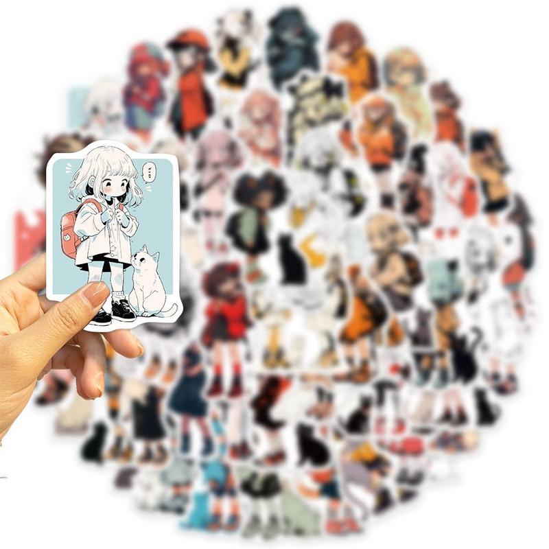 50pcs Cartoon Girl & Cat Series Graffiti Sticker, Self-adhesive Decorative Stickers, Diy Decals For Water Bottle, Laptop, Phone Case, Scrapbooking, Journal Making