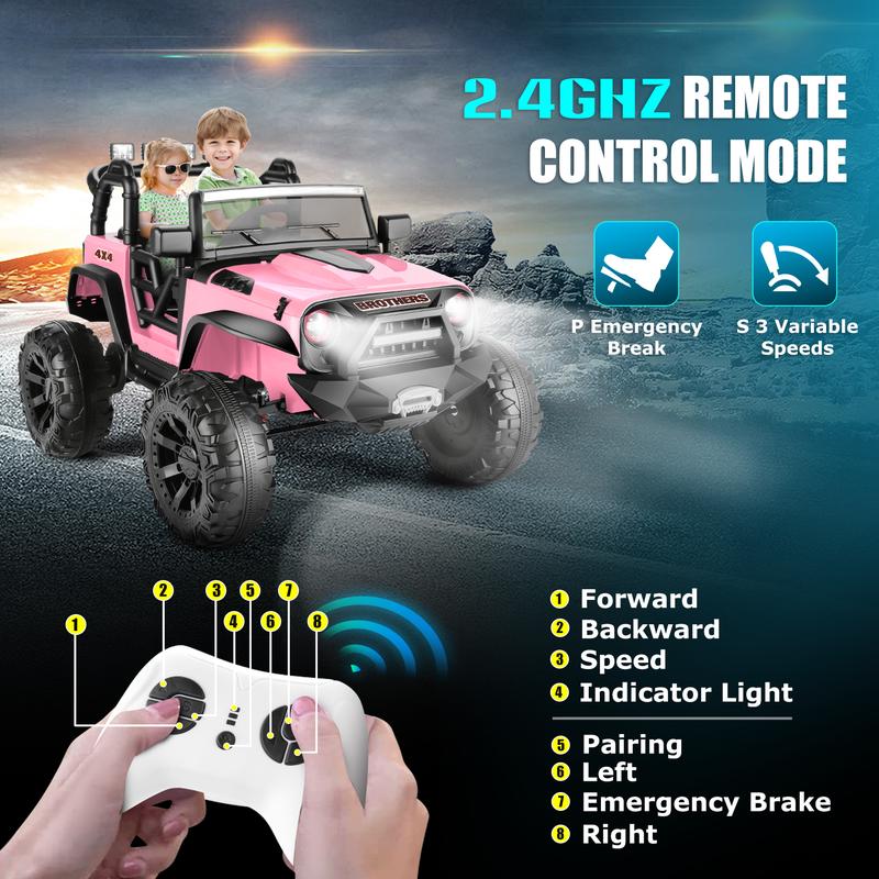 Hikole 24V Ride-ons toy Car with Parent's control，2 Seater, 2x200W Motor, 3 Speeds, Spring Suspension, Music Player, LED Lights, Remote Contro，for Boys and Girls，Good Price，One pack