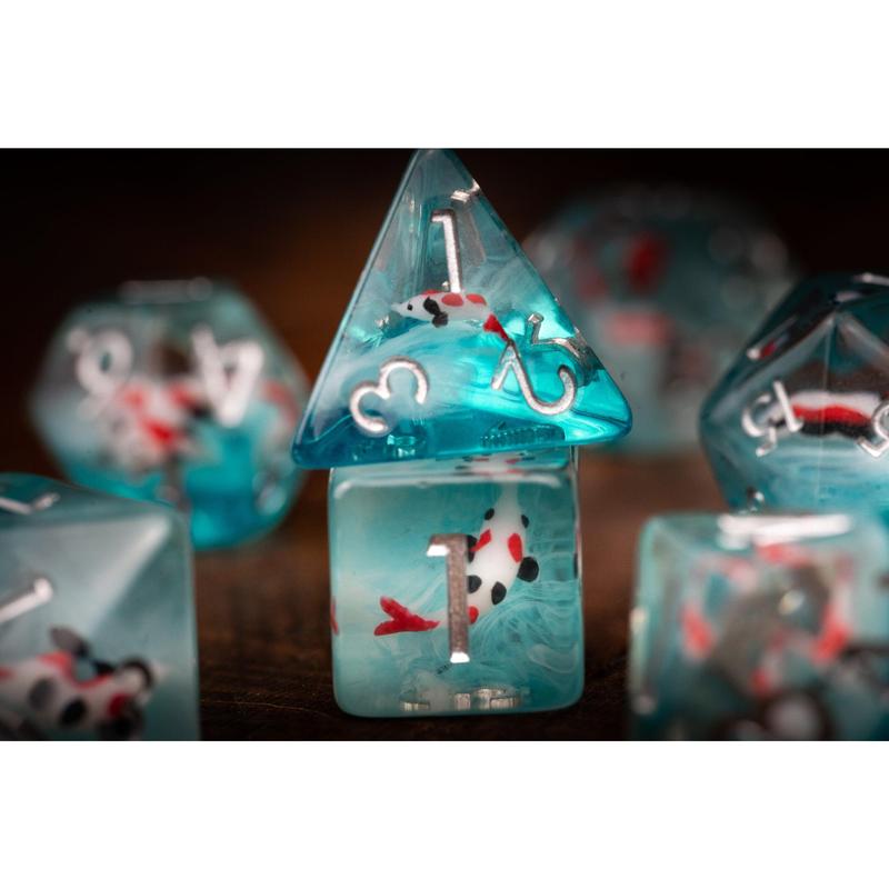 Cute Koi Fish Dice Set with Koi Pond Tray: Polyhedral DnD Dice for Ocean-Themed Games - Perfect Gift for Dungeons and Dragons Players