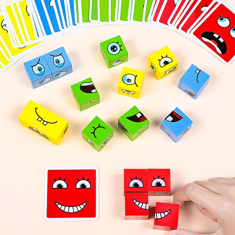 Wooden Face Changing Magic Cube Game, Expression Puzzle Building Blocks Pattern Matching Game, Educational Puzzles Toy Board Games face  puzzle