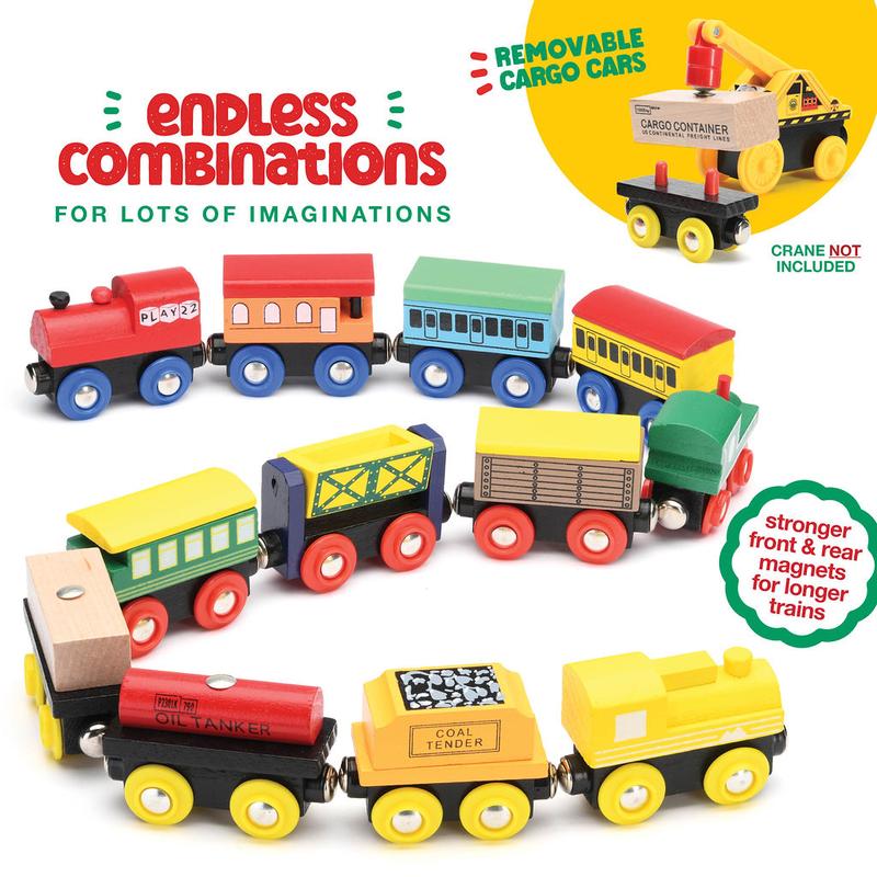 Wooden Train Set 12 PCS - Train Toys Magnetic Set Includes 3 Engines - Toy Train Sets For Kids Toddler Boys And Girls - Compatible With All Major Brands Play22